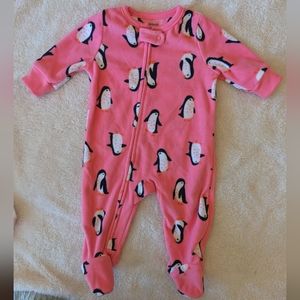 Carter's Pink Penguin print fleece footed long sleeve onesie PJ. Size 3 months